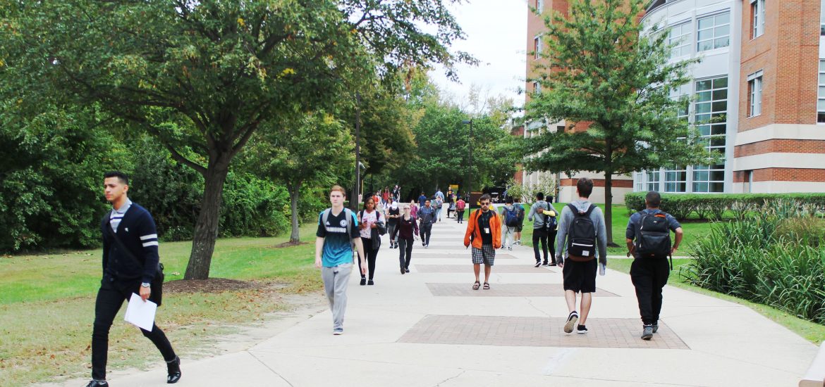 students walk through the middle of campus on a wide sidewalk