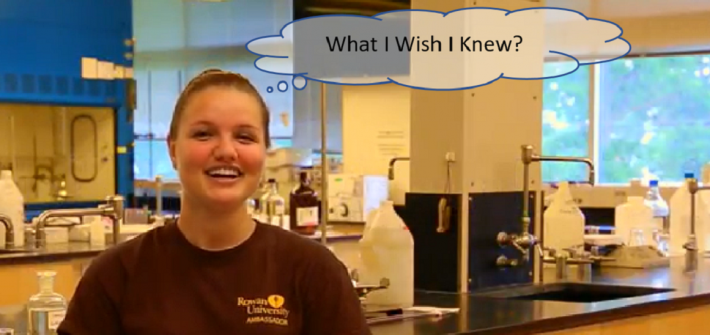 Female student in front of biology lab scenery with thought saying "What I Wish I Knew?"