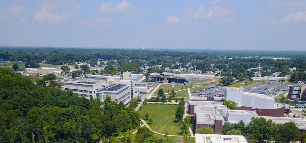 horizon view of Glassboro campus at Rowan University, from a drone