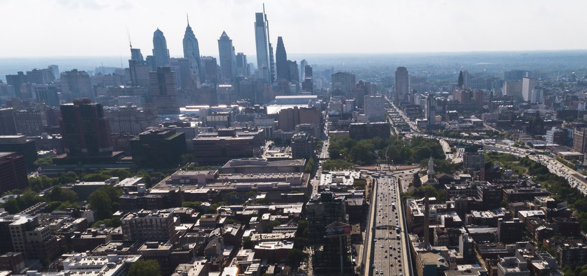 drone shot of Philadelphia skyline