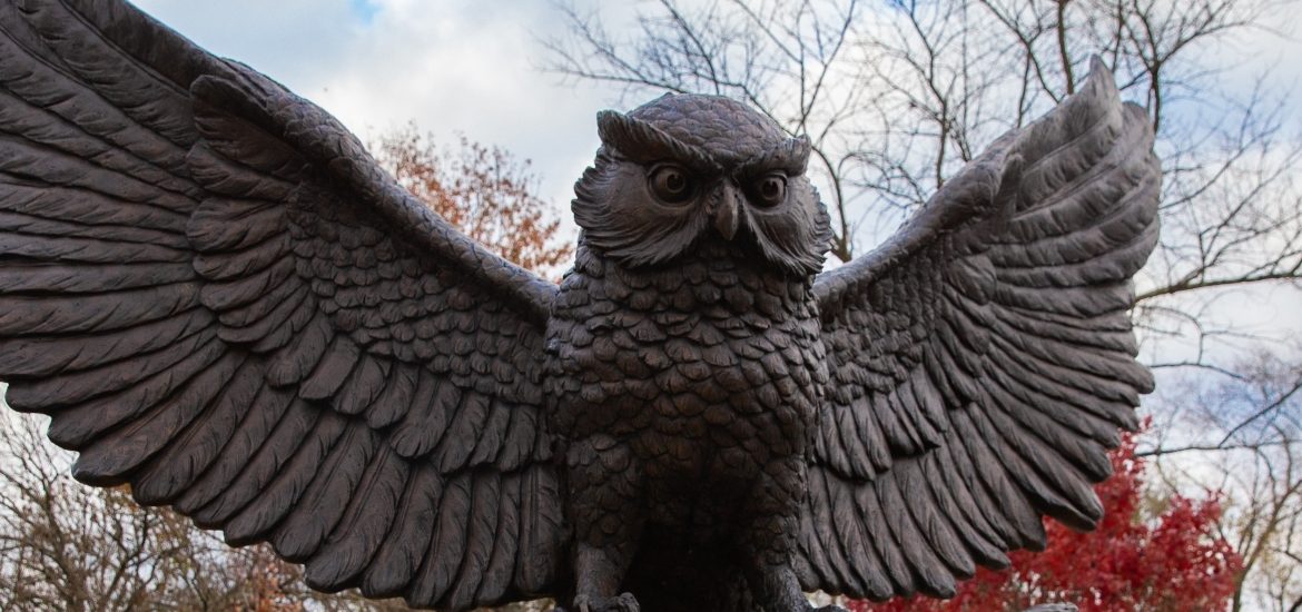 Exterior shot of Rowan owl statue on Rowan's Glassboro campus