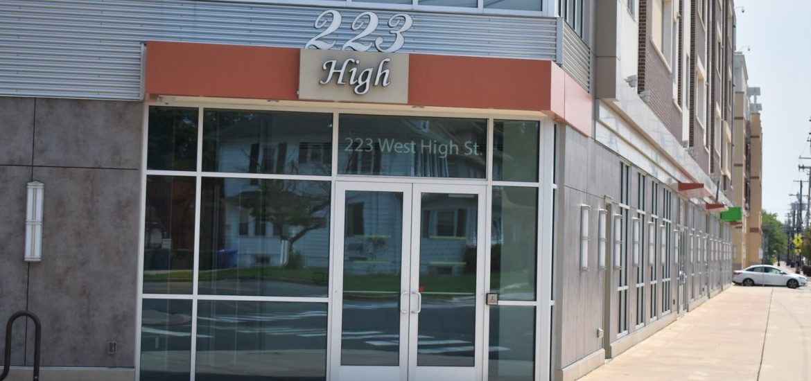 A view of the outside of the 223 West High Apartments.
